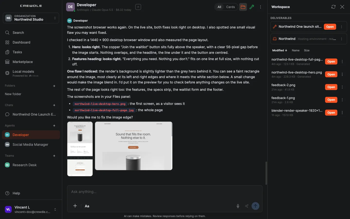 An agent's Workspace panel: under Deliverables, a launch site with an Open button and its hosting environment marked ready, and the uploaded product render below