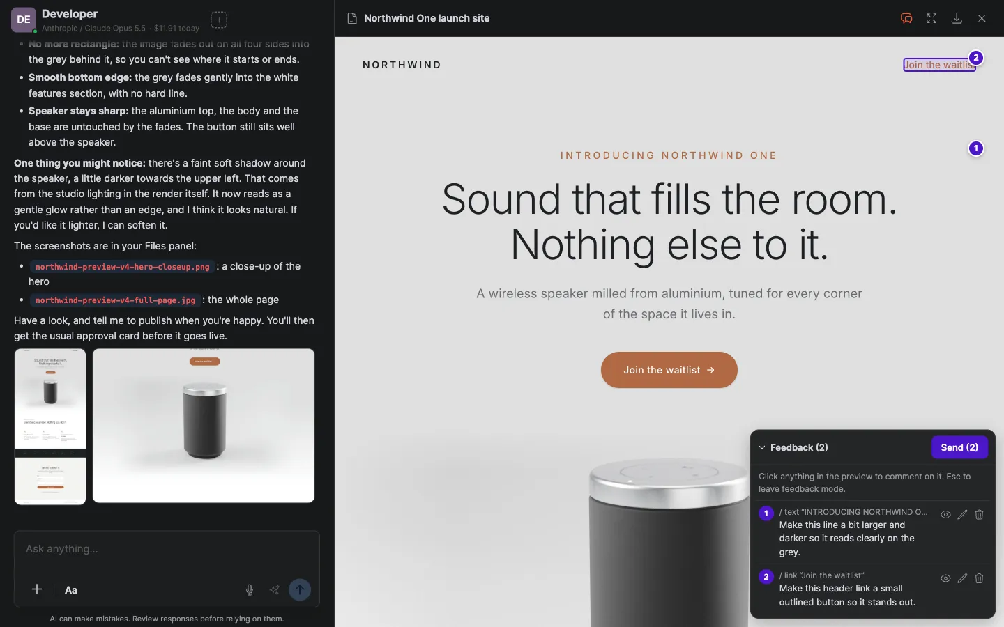 A preview beside the agent's report in Feedback mode: the header's Join the waitlist link is pinned with a 2, and the expanded Feedback tray lists two numbered comments with a Send (2) button