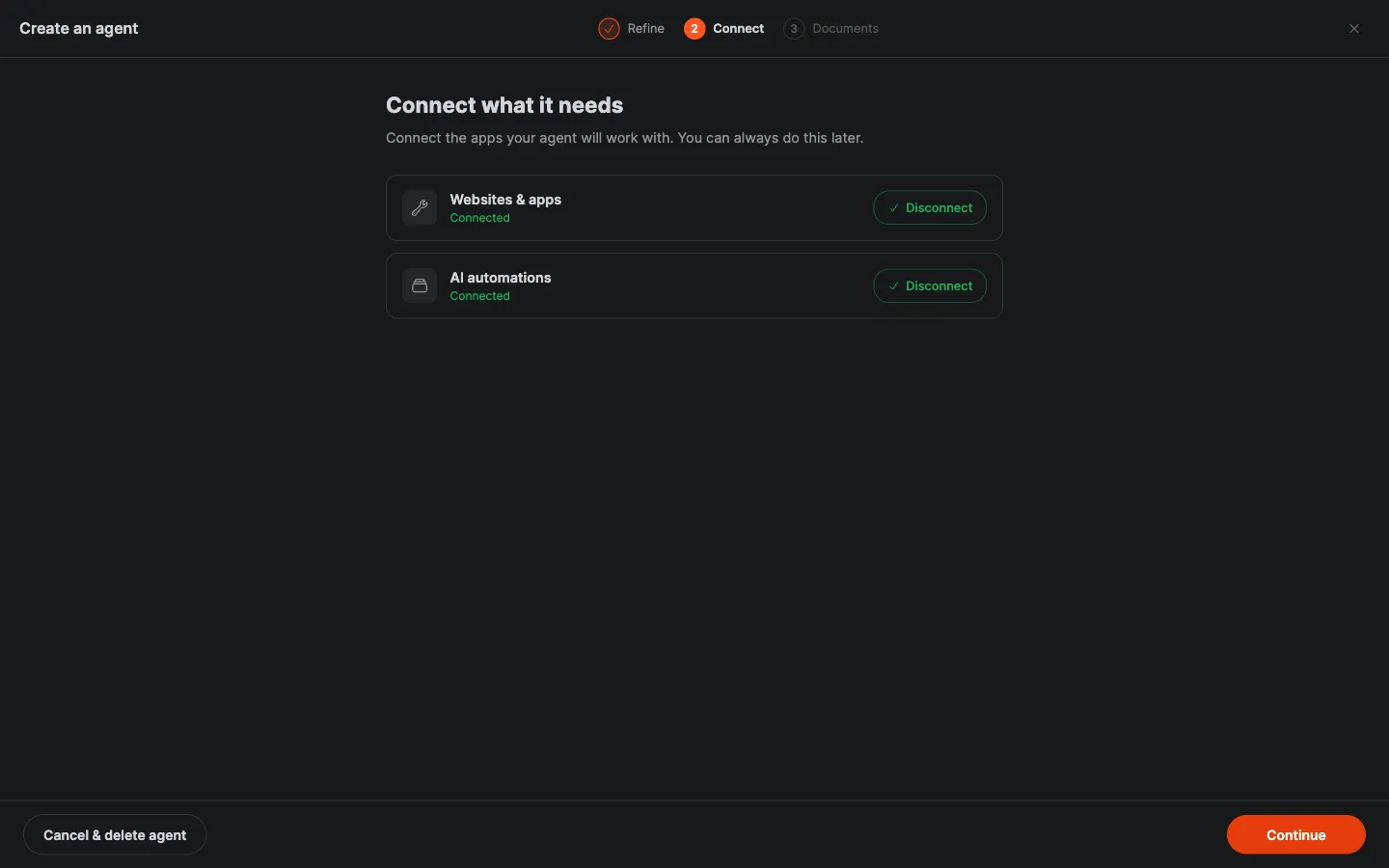 L’étape Connect what it needs de l’assistant d’embauche, avec Websites & apps et AI automations tous deux connectés, et un bouton Continue