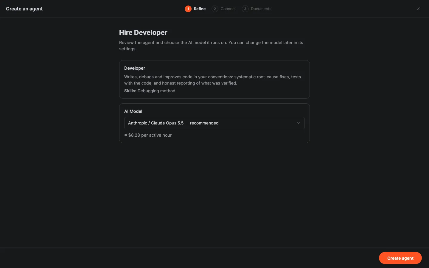 The hire wizard's Refine step for the Developer template: its role and skills, an AI Model picker with the recommended model, and the estimated cost per active hour