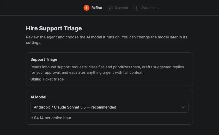 The hire review for Support Triage: what the agent does, its skills, and the AI model picker set to the recommended Claude model, with the estimated cost per active hour