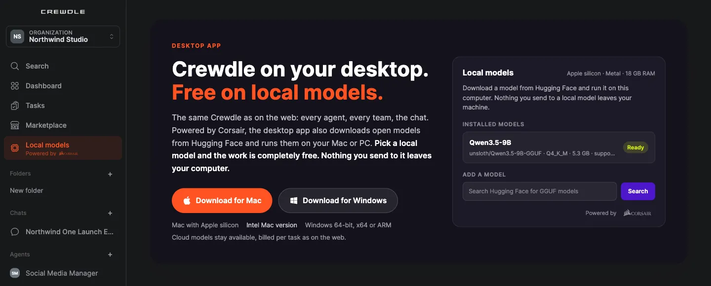 The Local models page in Crewdle: download buttons for Mac and Windows, and the Local models panel with Qwen3.5-9B installed and Ready, a Hugging Face search for GGUF models, powered by Corsair