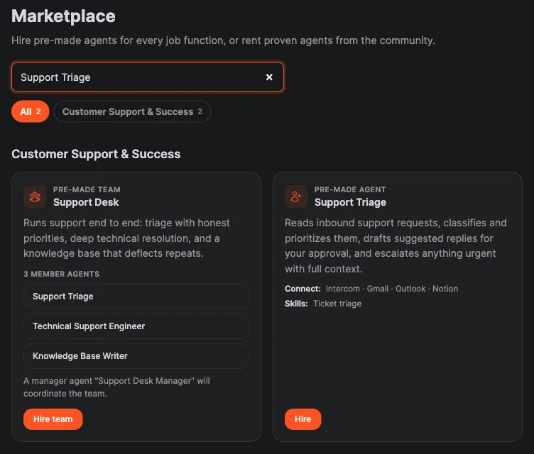 The Crewdle marketplace filtered on Support Triage: the Support Desk pre-made team and the Support Triage agent, which connects to Intercom, Gmail, Outlook and Notion, each with a Hire button