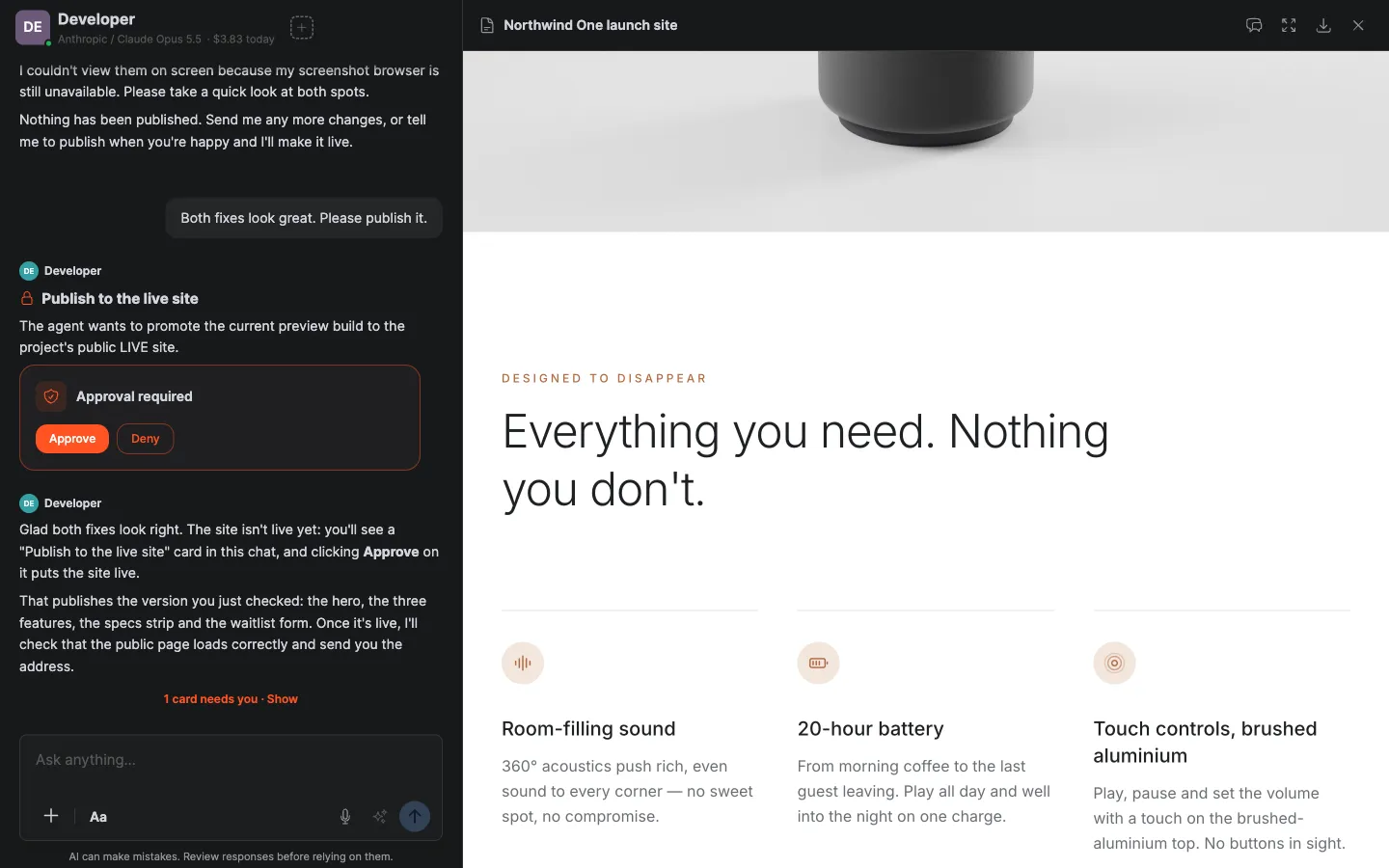 The Publish to the live site approval card in the conversation, next to the open preview: Approval required, with Approve and Deny