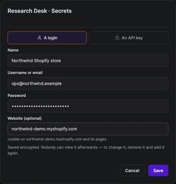 Adding a login to a team's vault: a name, a username, a hidden password, and the website northwind-demo.myshopify.com, with the note that it is usable on that site and its pages and saved encrypted