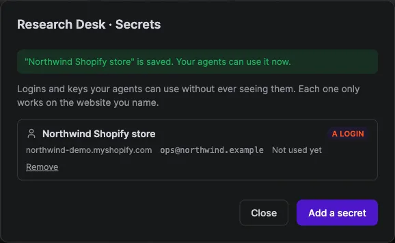 The Research Desk team's vault with one login saved for northwind-demo.myshopify.com, not used yet, with Remove and Add a secret