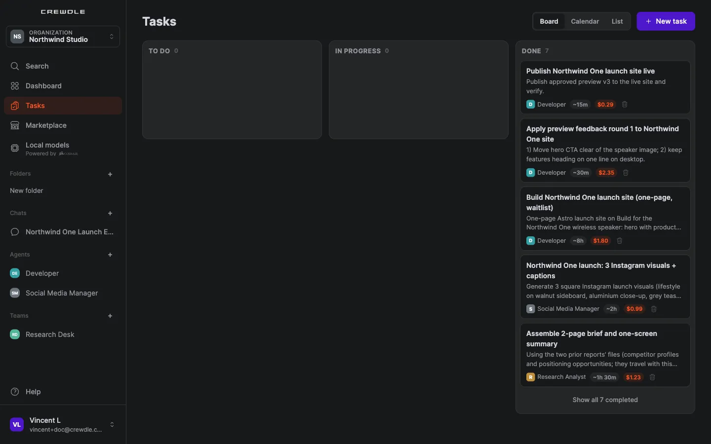 The Tasks board with To do, In progress and Done columns: seven done tasks, each card with its owner, the estimate and what it actually cost
