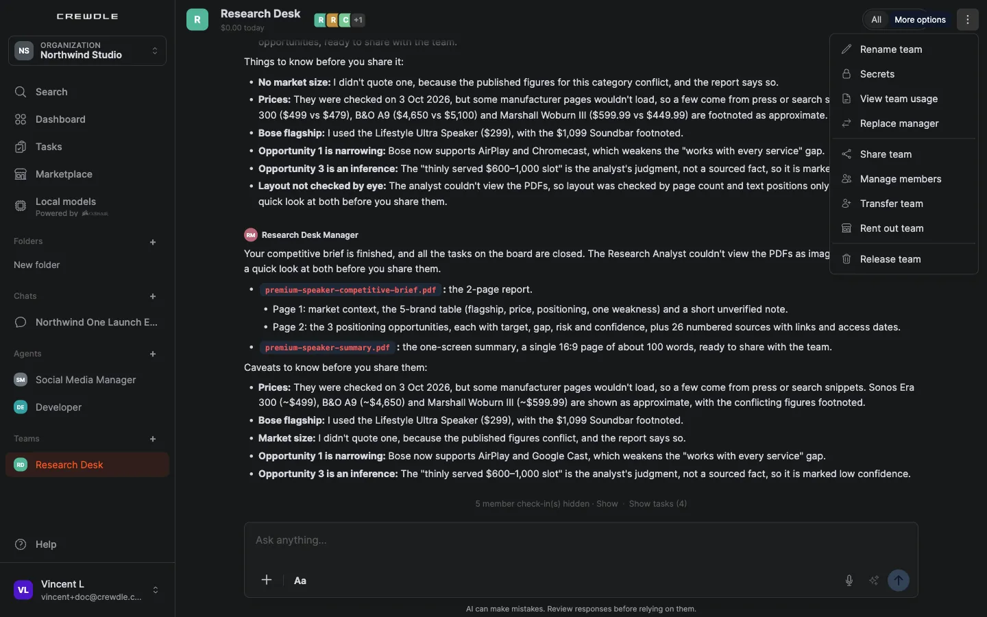 A team's ⋯ menu with Share team, Manage members, Transfer team, Rent out team and Release team, below Rename team, Secrets, View team usage and Replace manager