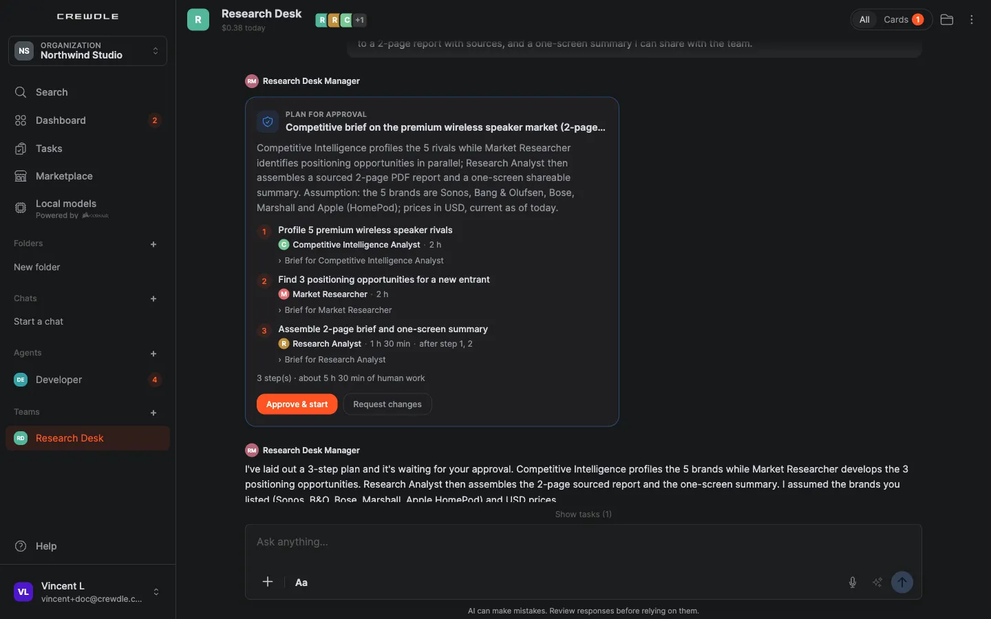 A team conversation whose header shows All and Cards with a count of 1, above the manager's plan waiting for approval