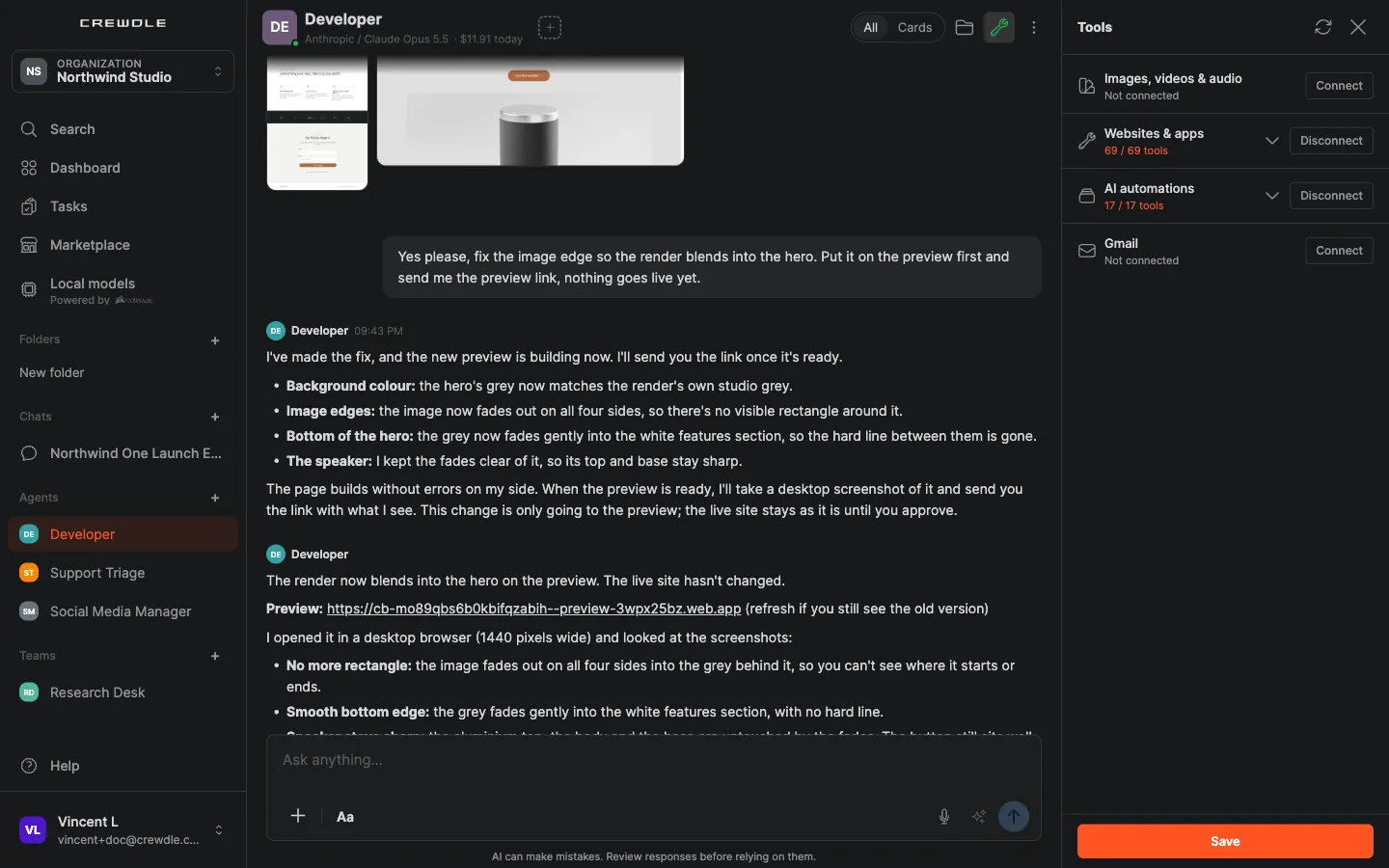 The Developer agent's Tools panel: AI automations connected with 17 of 17 tools, next to Websites & apps, with Disconnect buttons