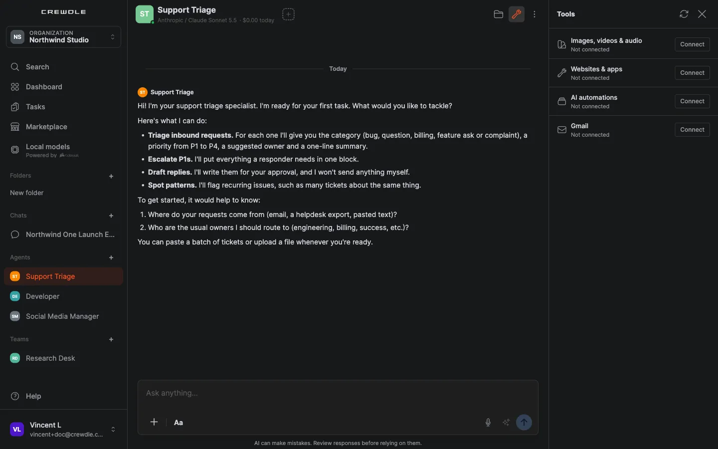 The Support Triage conversation with its Tools panel open: Gmail listed as Not connected with a Connect button, next to the Crewdle tools