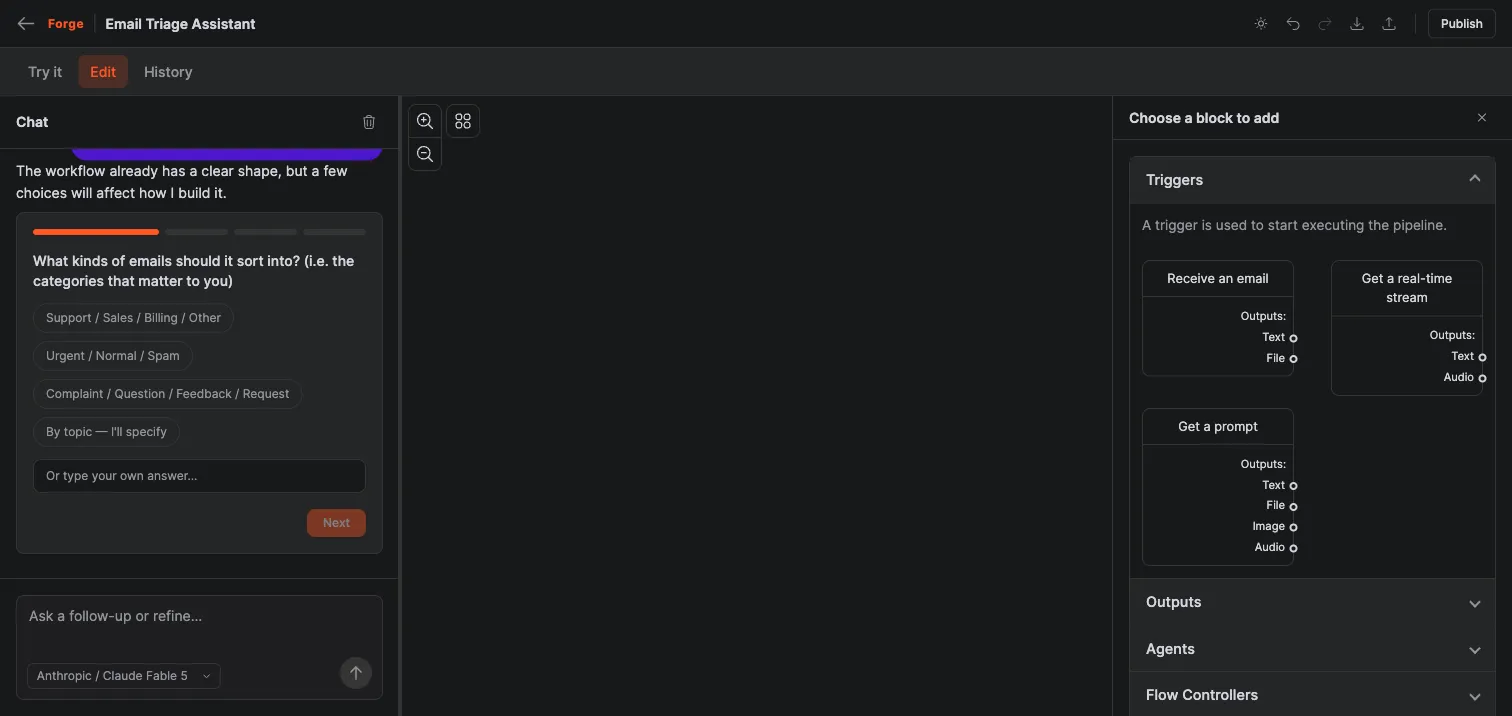 Crewdle Forge workflow editor with a block palette of triggers, agents, tools, and functions, and an AI chat