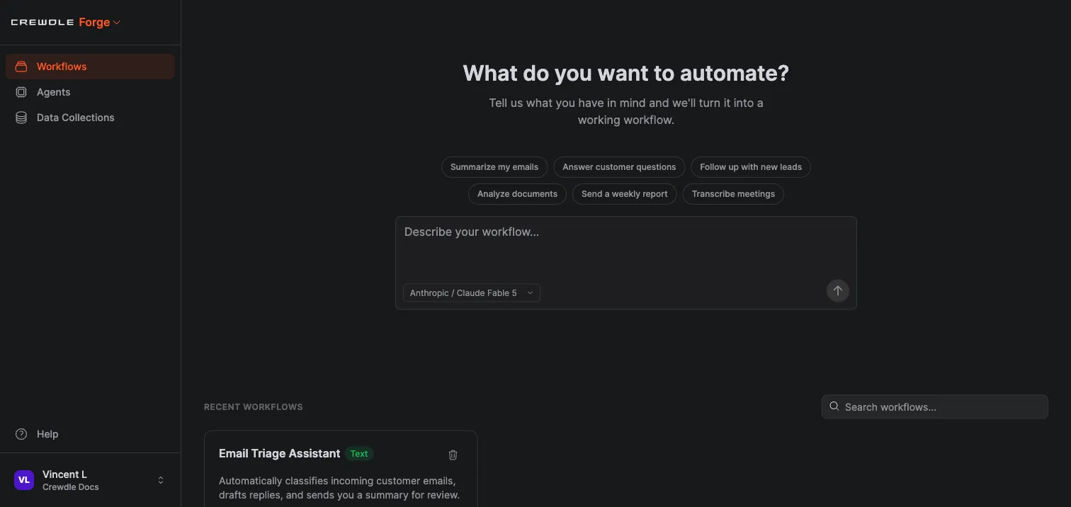 Crewdle Forge start screen asking what you want to automate, with starter workflows and a prompt box