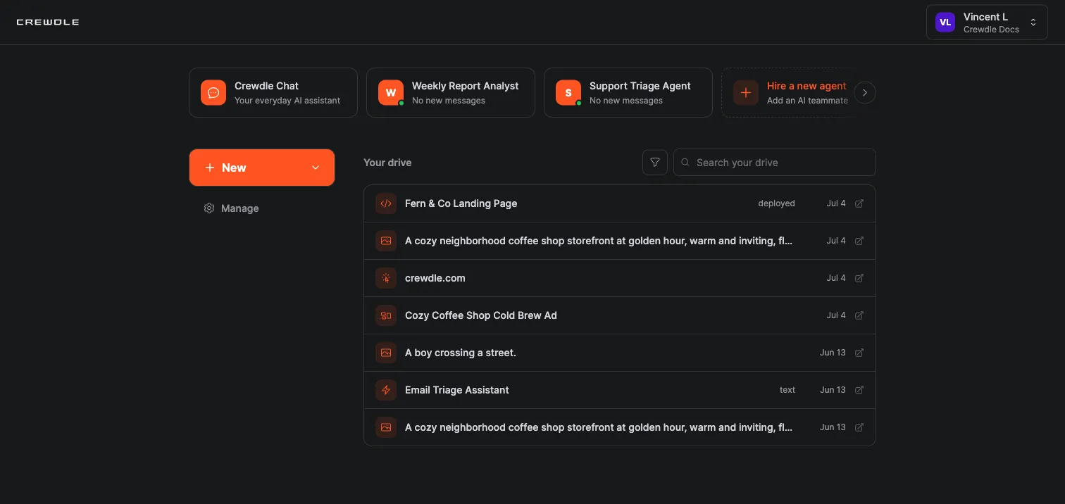 Crewdle Home, the launcher shown after signing in, with quick tiles for Chat and agents, the New button, and Your drive