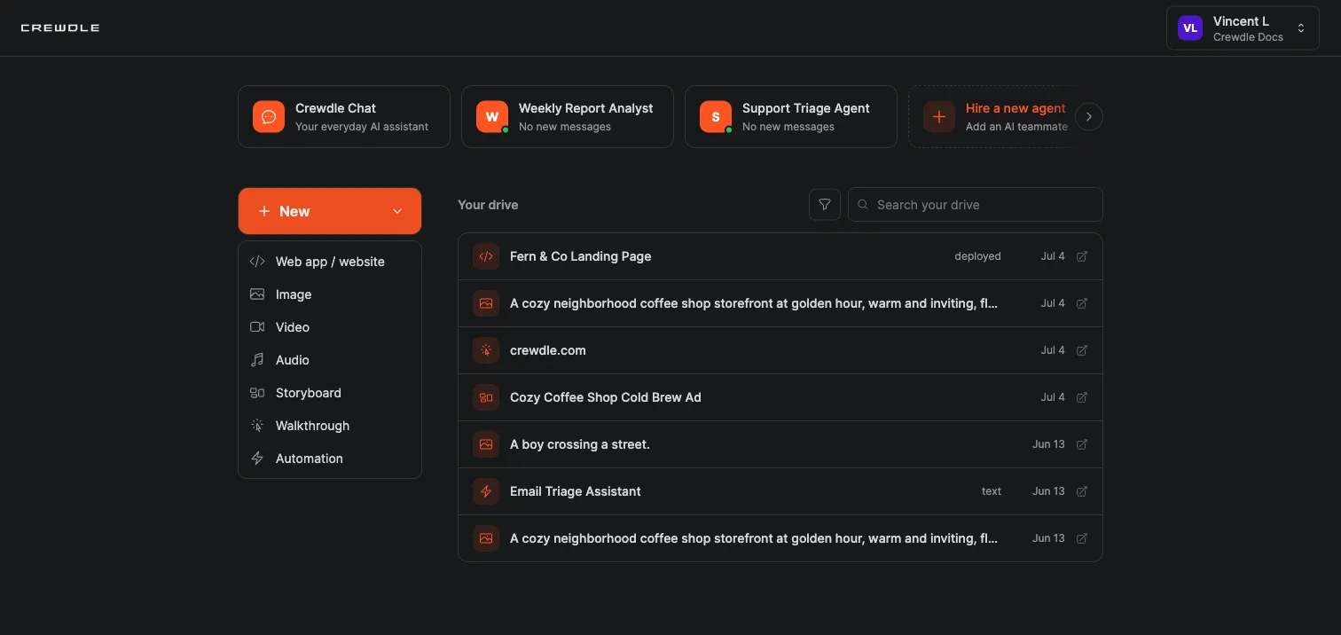 The New menu on Crewdle Home listing web app or website, image, video, audio, storyboard, walkthrough, and automation