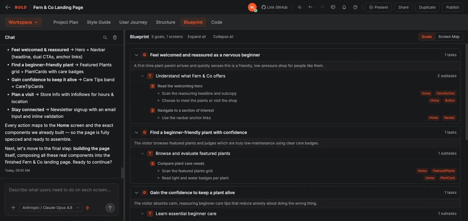 Crewdle Build Blueprint showing visitor goals broken into tasks mapped to specific screens and components