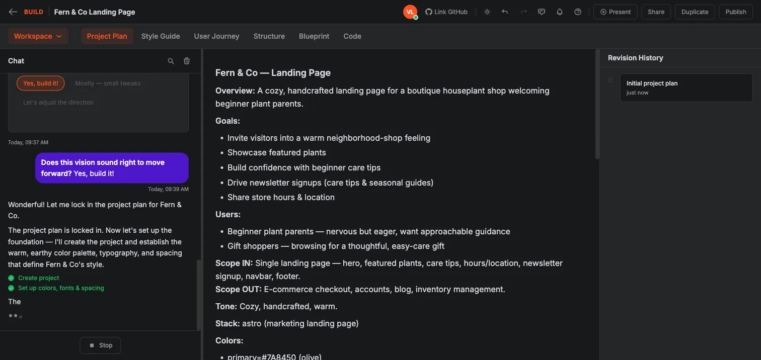 Crewdle Build Project Plan document showing the overview, goals, users, scope, tone, stack, and color tokens