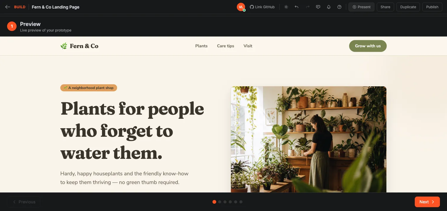 Crewdle Build live preview of the finished Fern & Co landing page with hero image, headline, and navigation