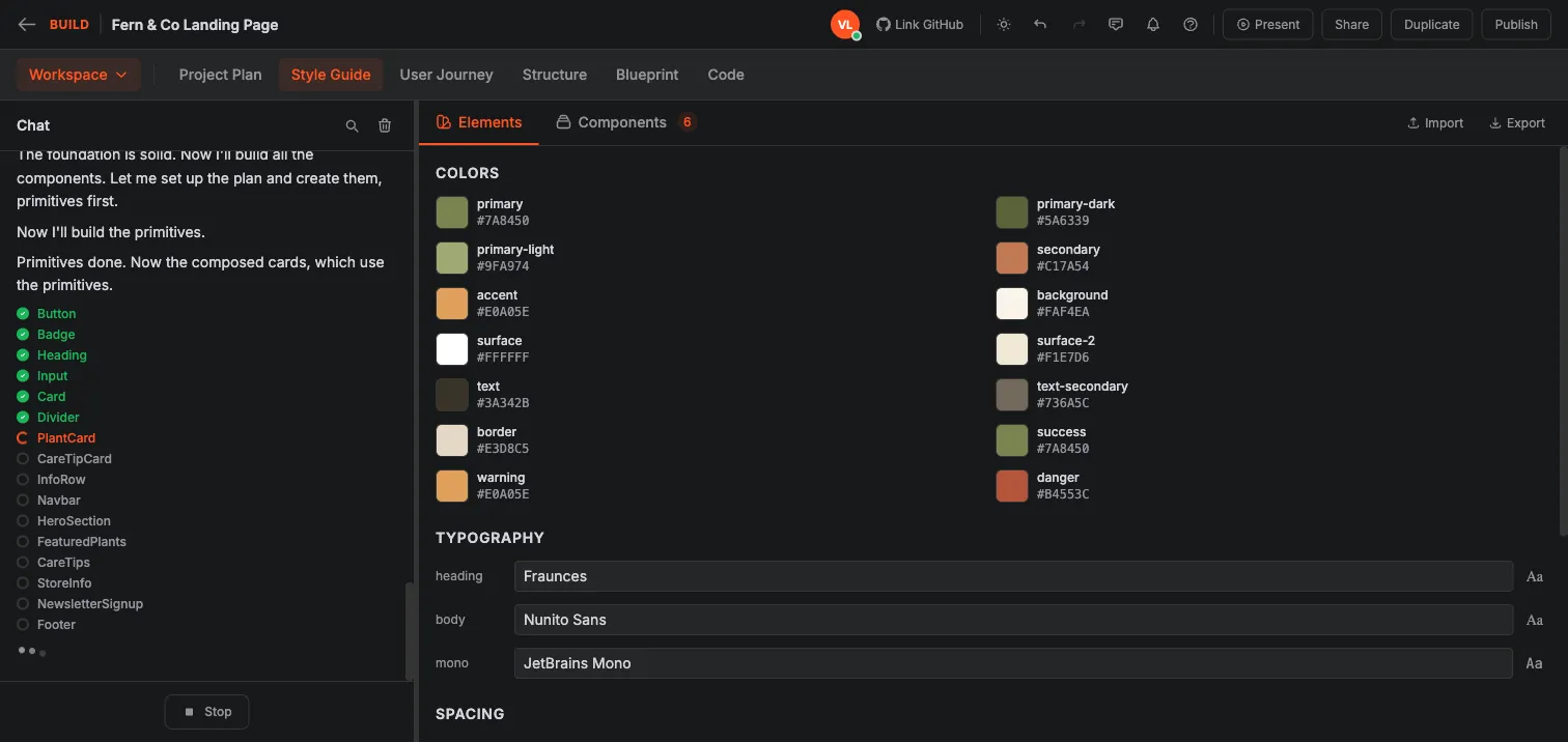 Crewdle Build Style Guide showing a warm olive and terracotta color palette with Fraunces and Nunito Sans typography