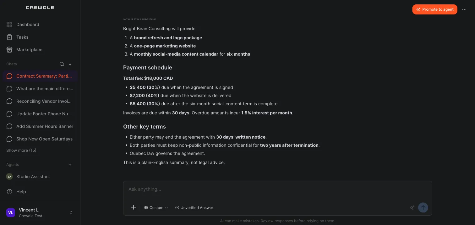 Chat in Crewdle answering with a plain-English summary of the uploaded contract, listing the parties, deliverables, and payment schedule