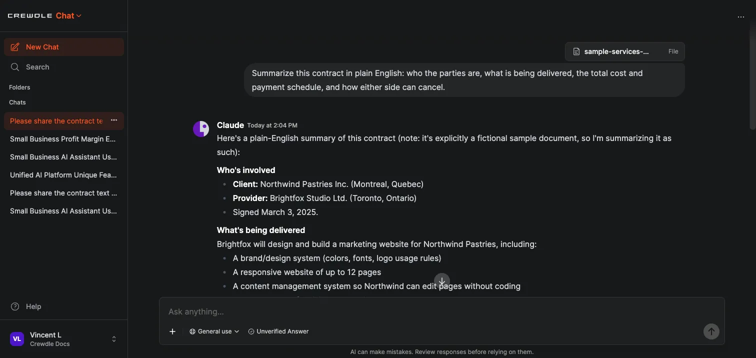 Crewdle Chat answering with a plain-English summary of the uploaded contract, listing the parties, deliverables, and payment schedule