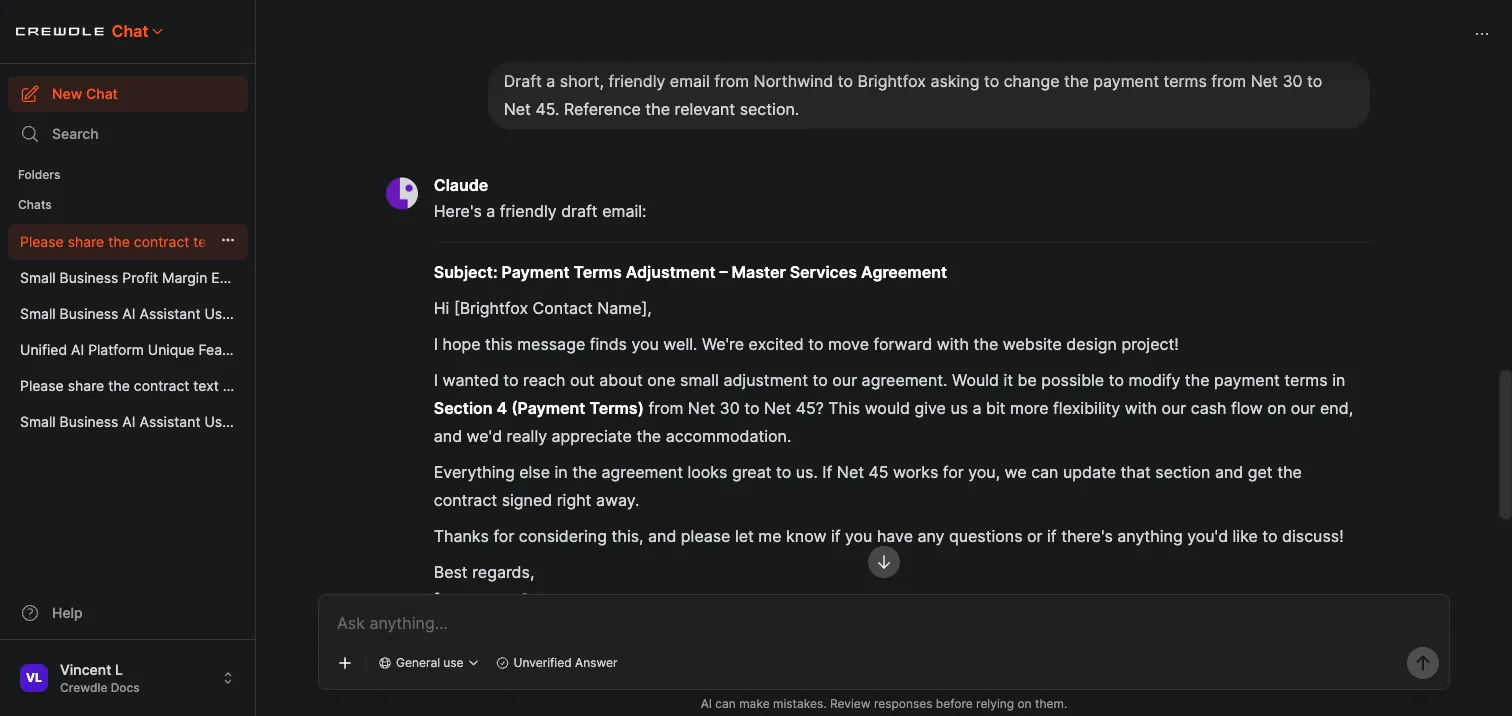 Crewdle Chat drafting an email that requests new payment terms and cites the correct section of the contract