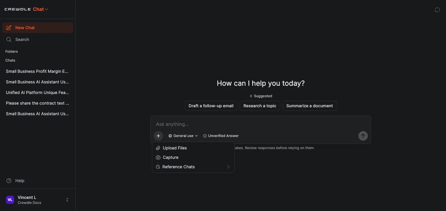Crewdle Chat message box with the plus menu open, showing Upload Files, Capture, and Reference Chats