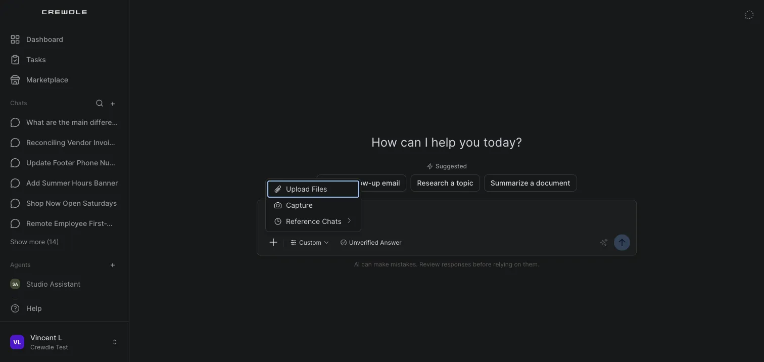 The Crewdle chat message box with the plus menu open, showing Upload Files, Capture, and Reference Chats