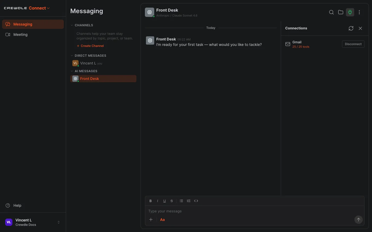 Crewdle Connect agent Connections panel showing Gmail connected with its available tools
