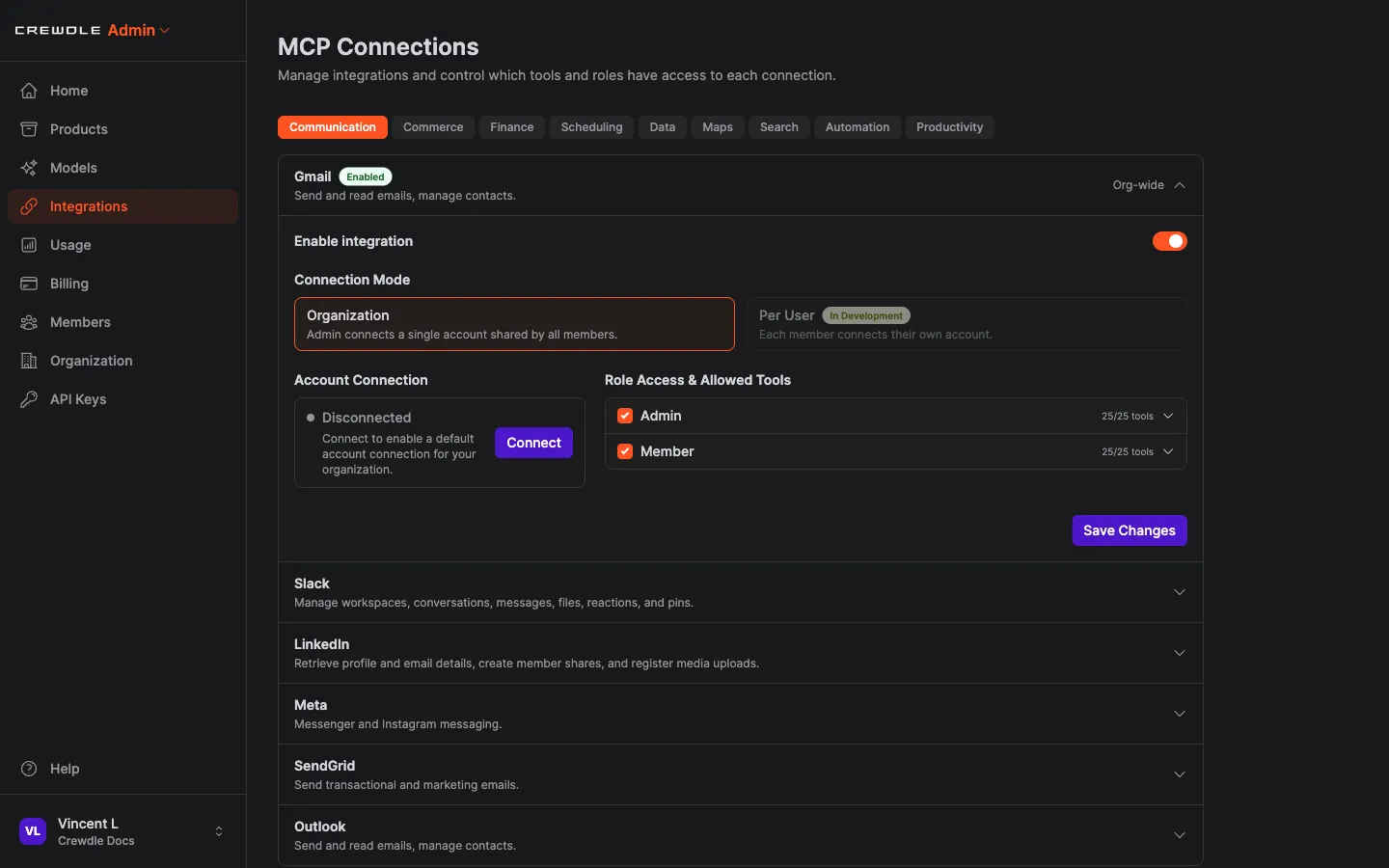 Crewdle Admin integrations page with the Gmail connector enabled org-wide and role access set