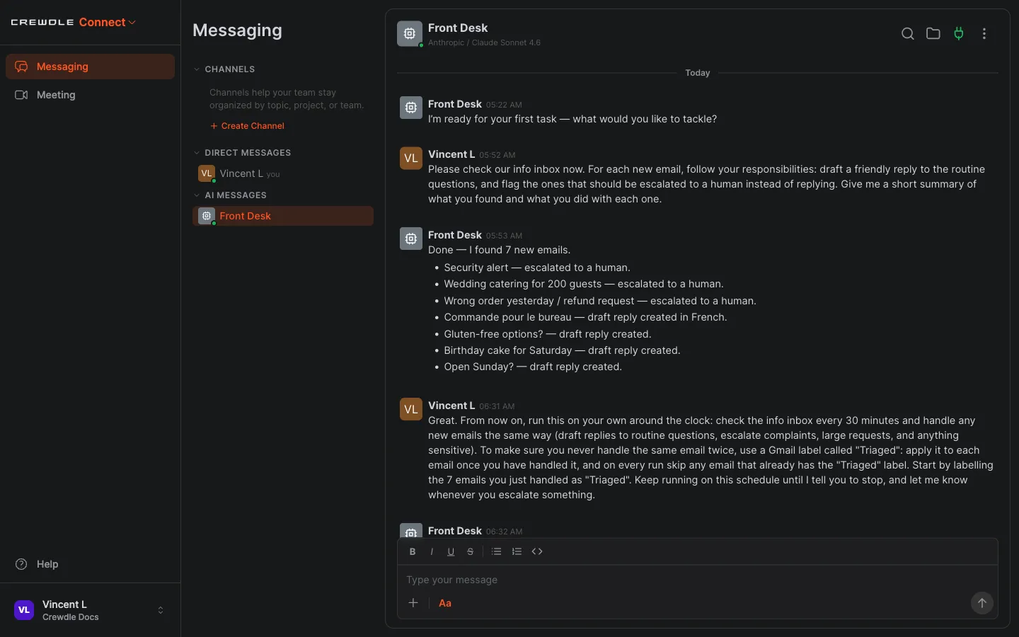 Crewdle Connect agent confirming it has set up a 30-minute triage schedule and labelled the handled emails