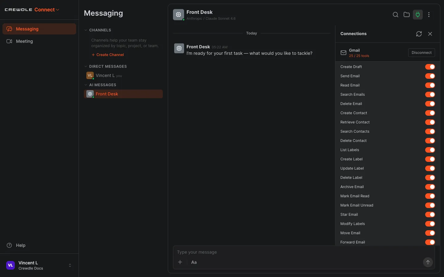 Crewdle Connect Gmail connector expanded to show each action as an individual on/off toggle
