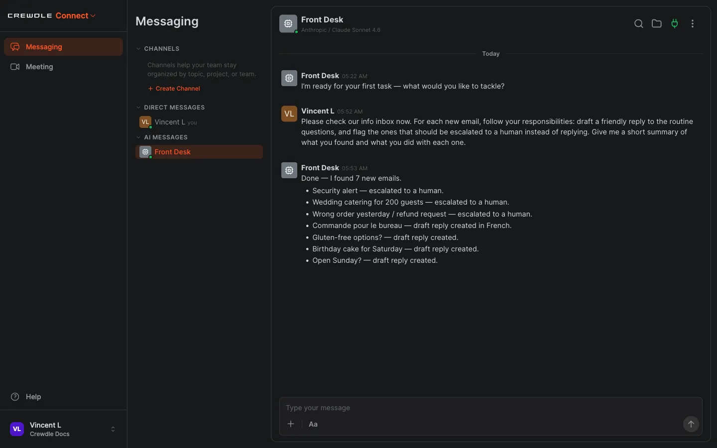 Crewdle Connect agent reporting that it triaged seven emails: drafts for routine questions and escalations for the rest