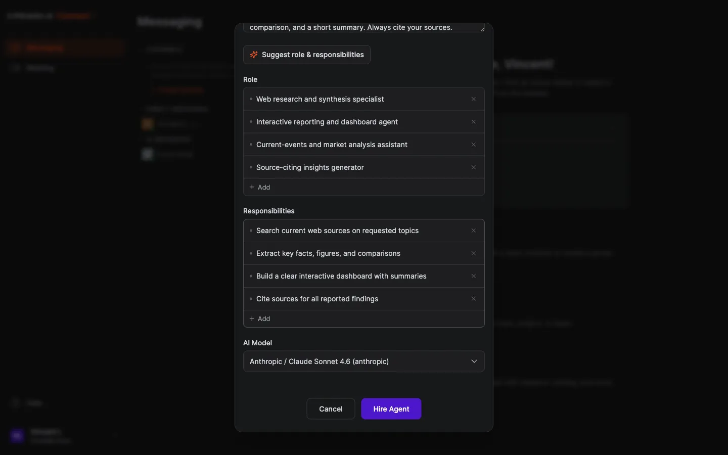 Crewdle Connect hire-an-agent form for an Analyst, with research role and responsibilities and the model set to Claude Sonnet 4.6