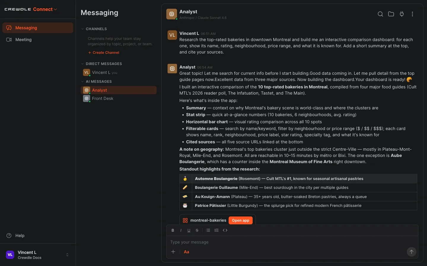 Crewdle Connect Analyst summarizing its research across four food guides and posting an Open app card for the dashboard it built