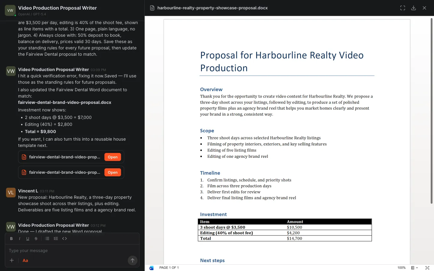 The finished Word proposal showing the trained five-section format and the correct investment table