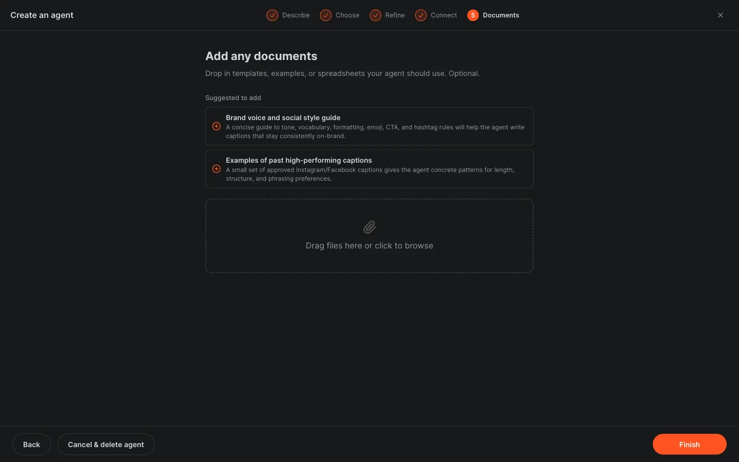 Crewdle hire-an-agent document step suggesting a brand voice guide and past captions as reference files