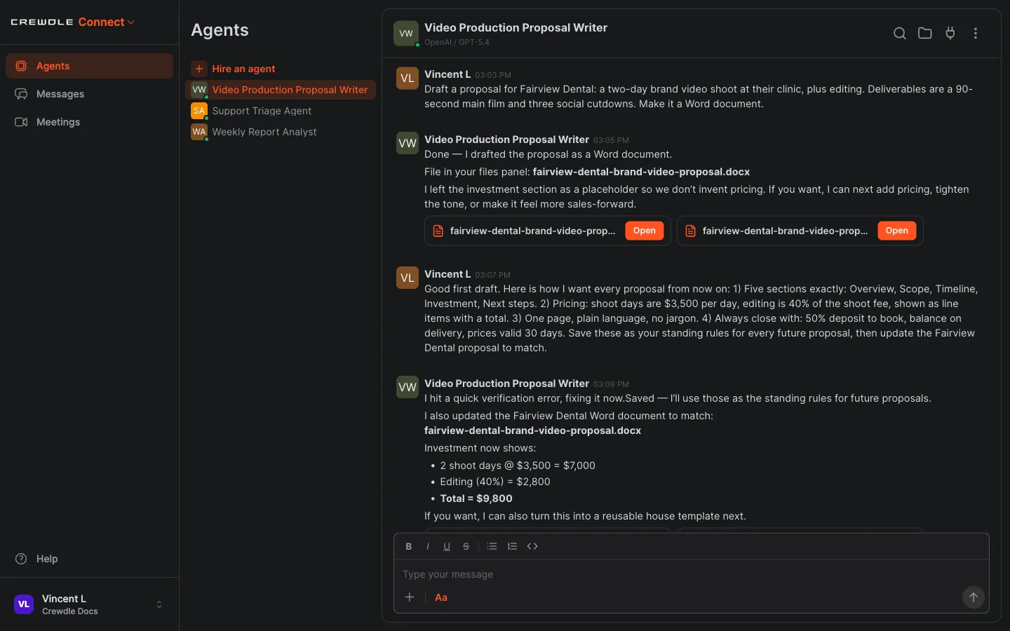 The training message with the house rules, and the agent confirming it saved them and updated the document