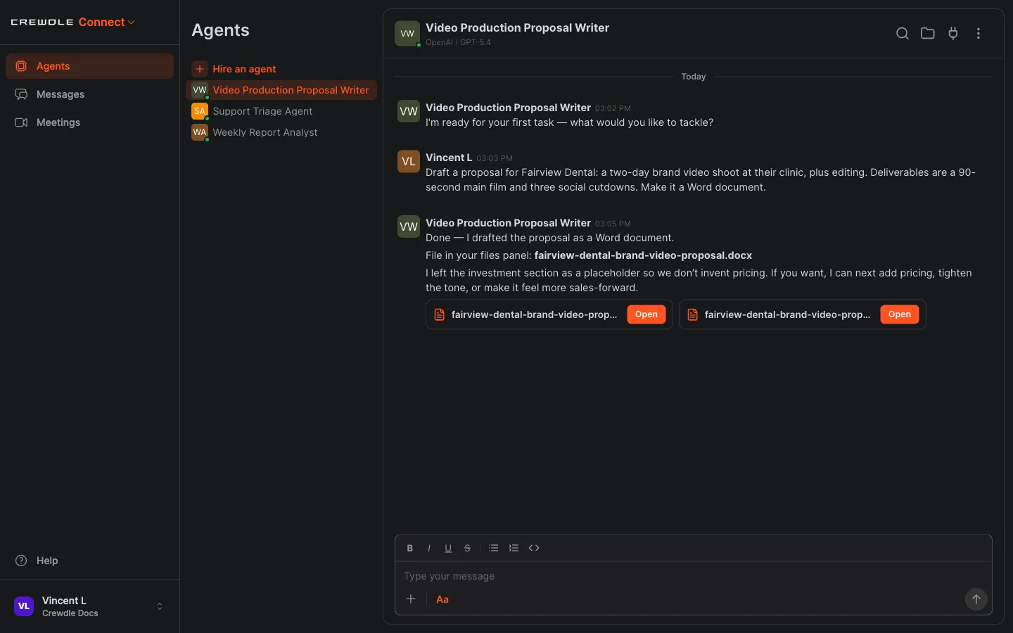 The agent delivering a first proposal as a Word document and flagging that pricing was left as a placeholder