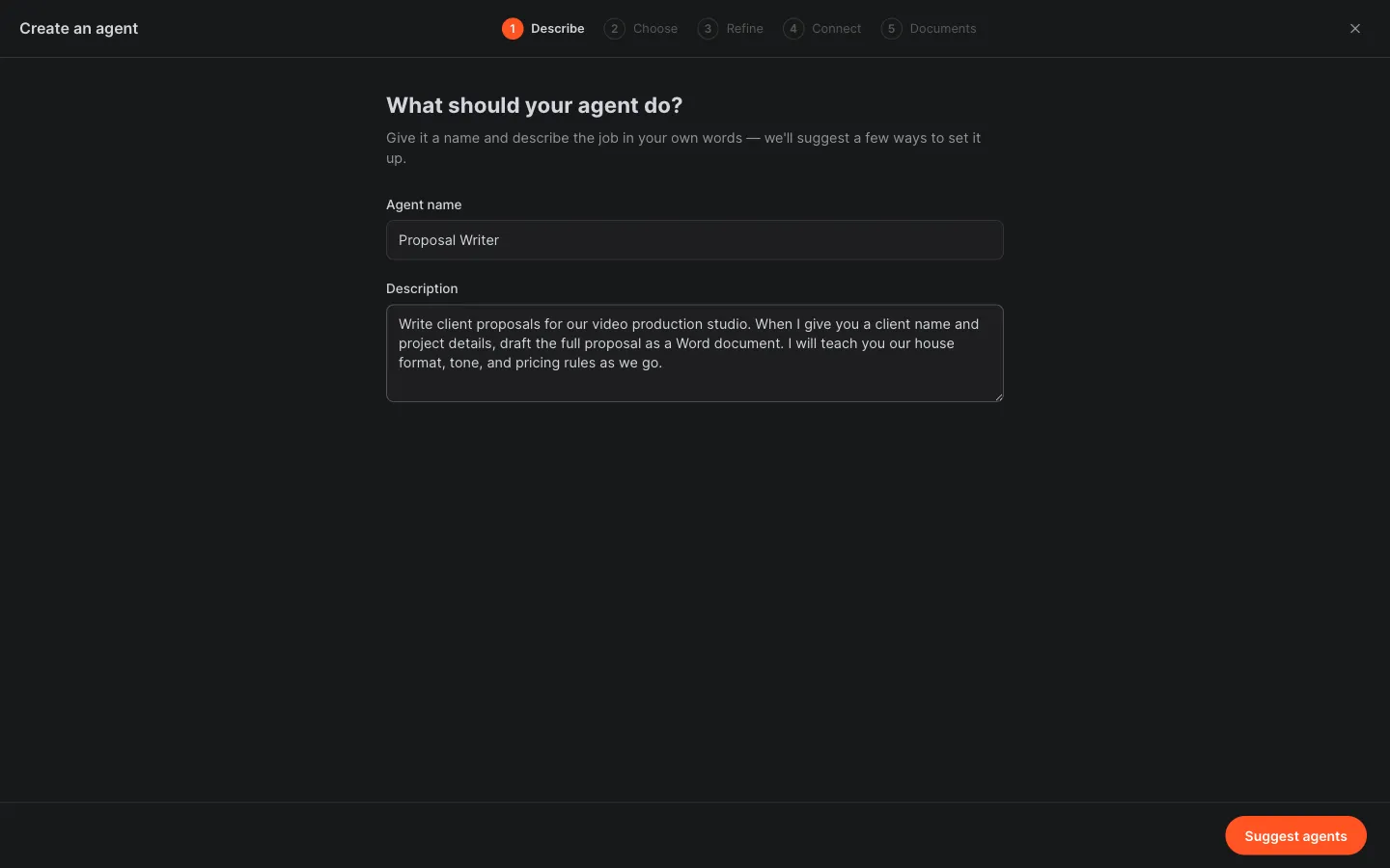 Crewdle Connect hire-an-agent wizard describing a proposal writer whose format and pricing rules will be taught over time