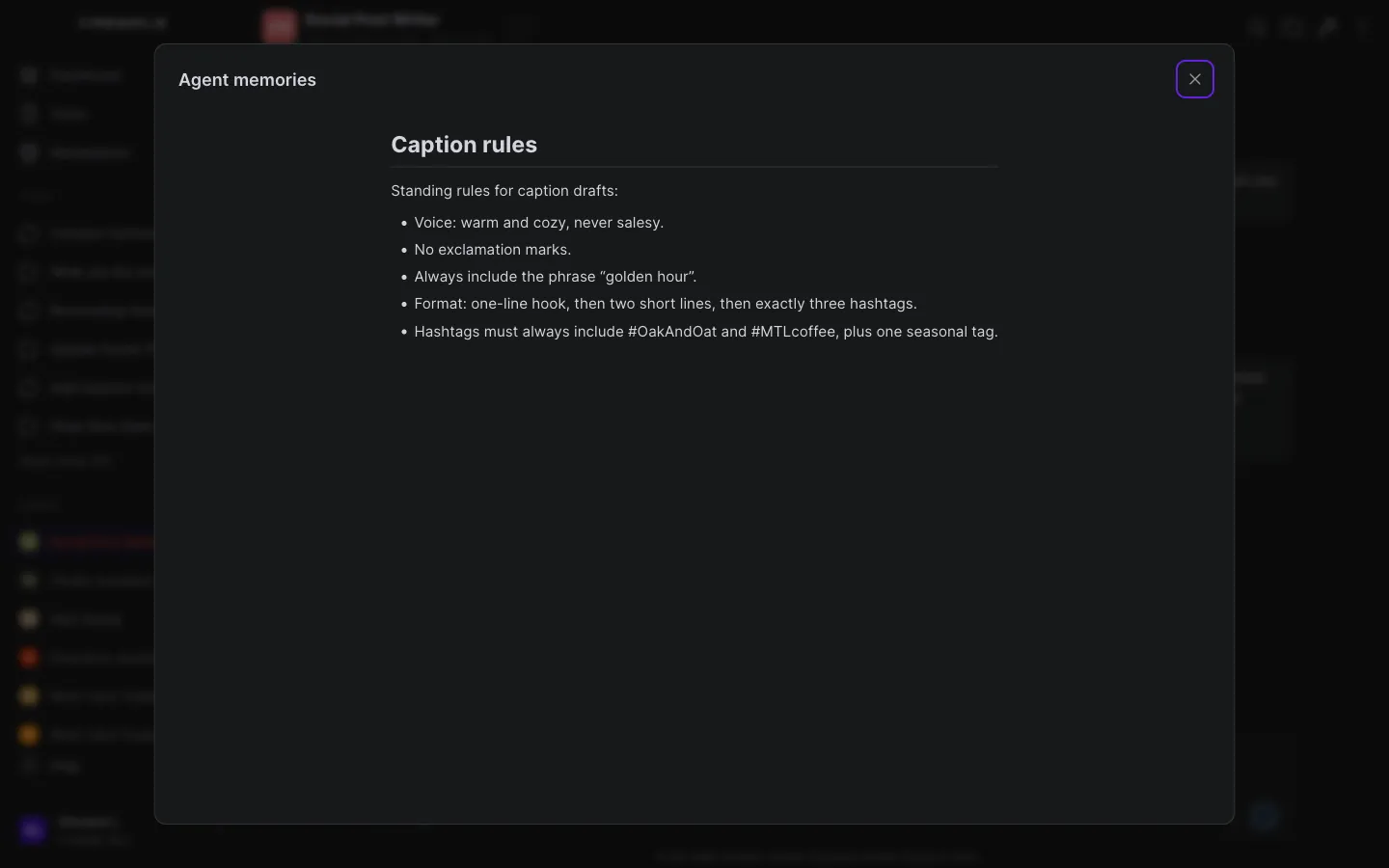 The agent's saved caption-rules memory file listing the brand voice, the golden-hour rule, the post format, and the required hashtags
