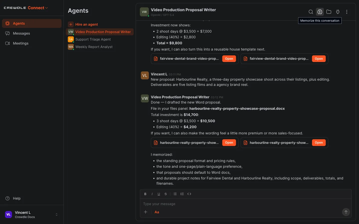 The Memorize this conversation button and the agent listing what it just memorized