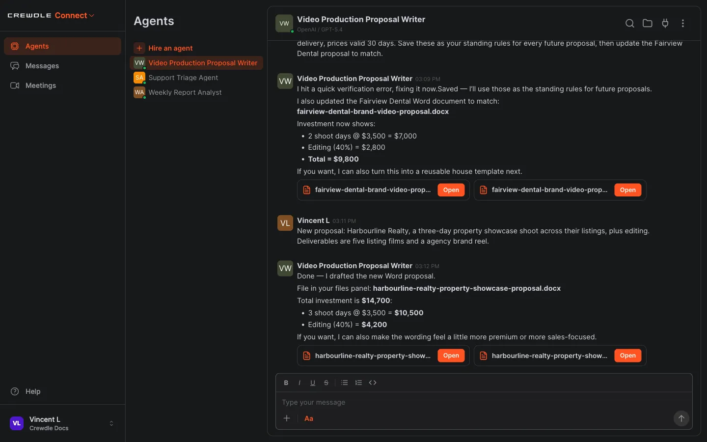 A one-line request for a new client, priced correctly by the agent from its saved standing rules