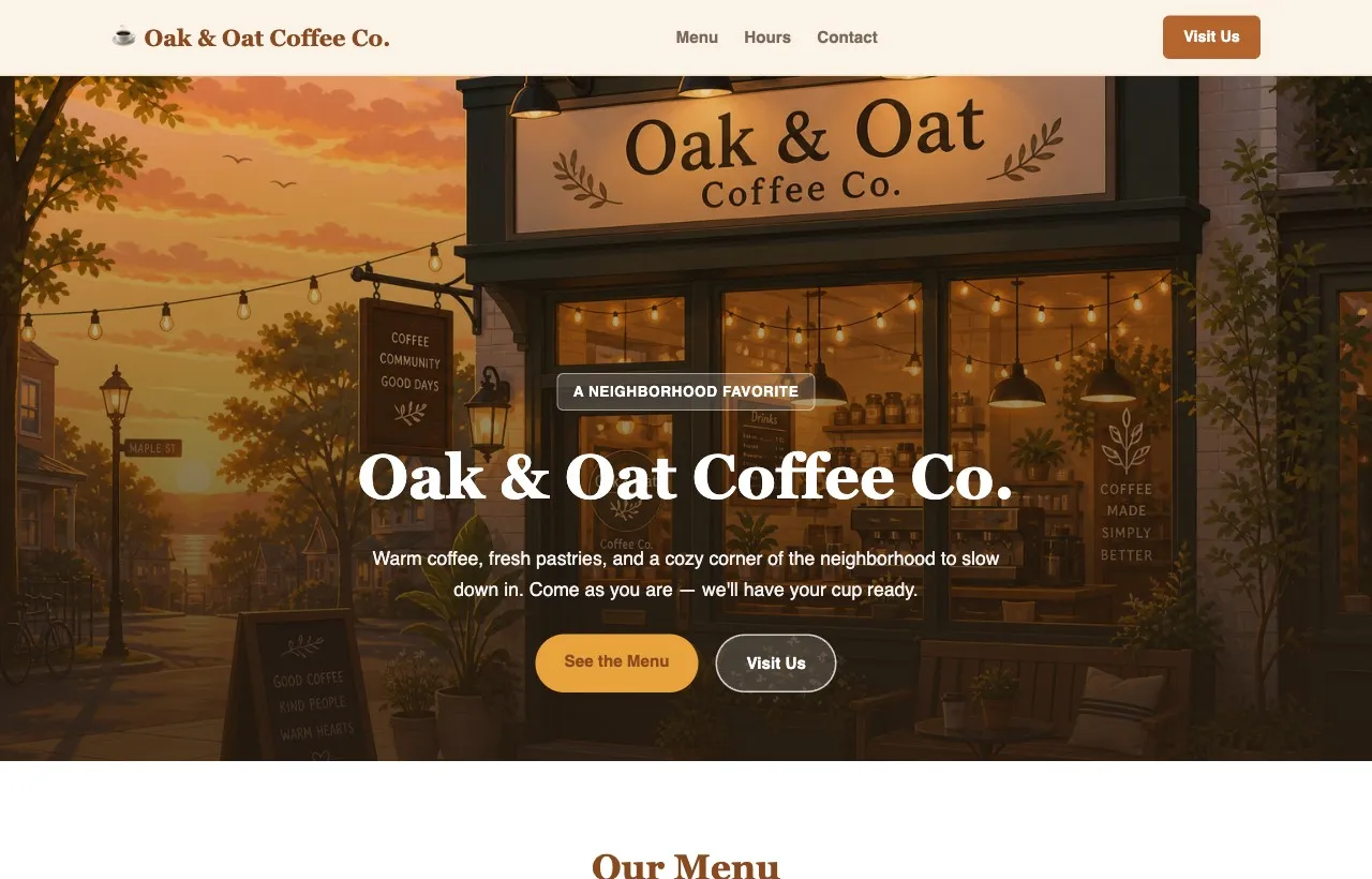 The published Oak & Oat Coffee Co. website built by Crewdle Build, using the generated banner as its hero