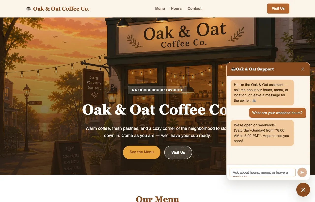 The published Oak & Oat website with a Forge-built support chatbot open, answering a question about weekend hours