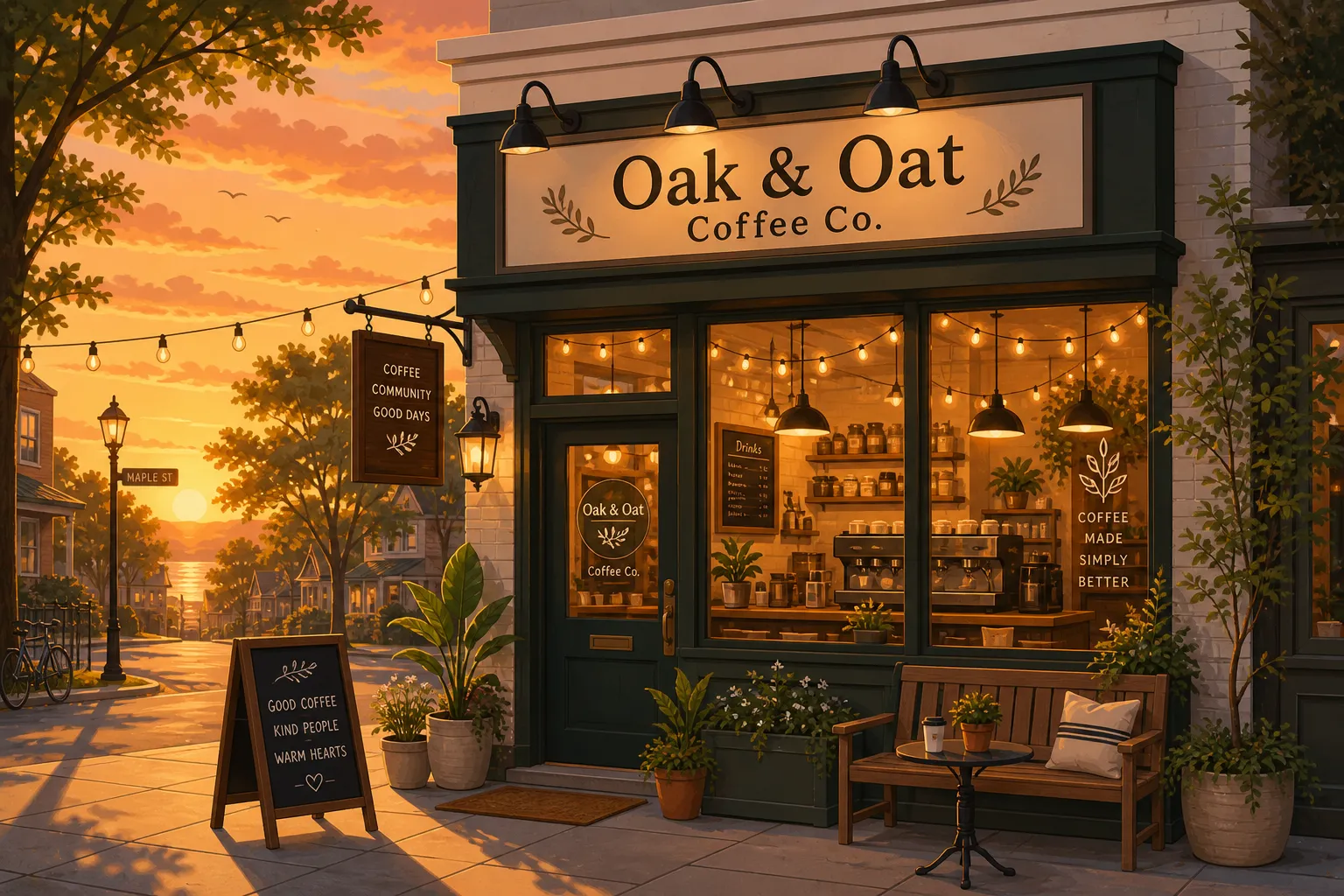 A golden-hour coffee-shop storefront banner generated by Crewdle Create