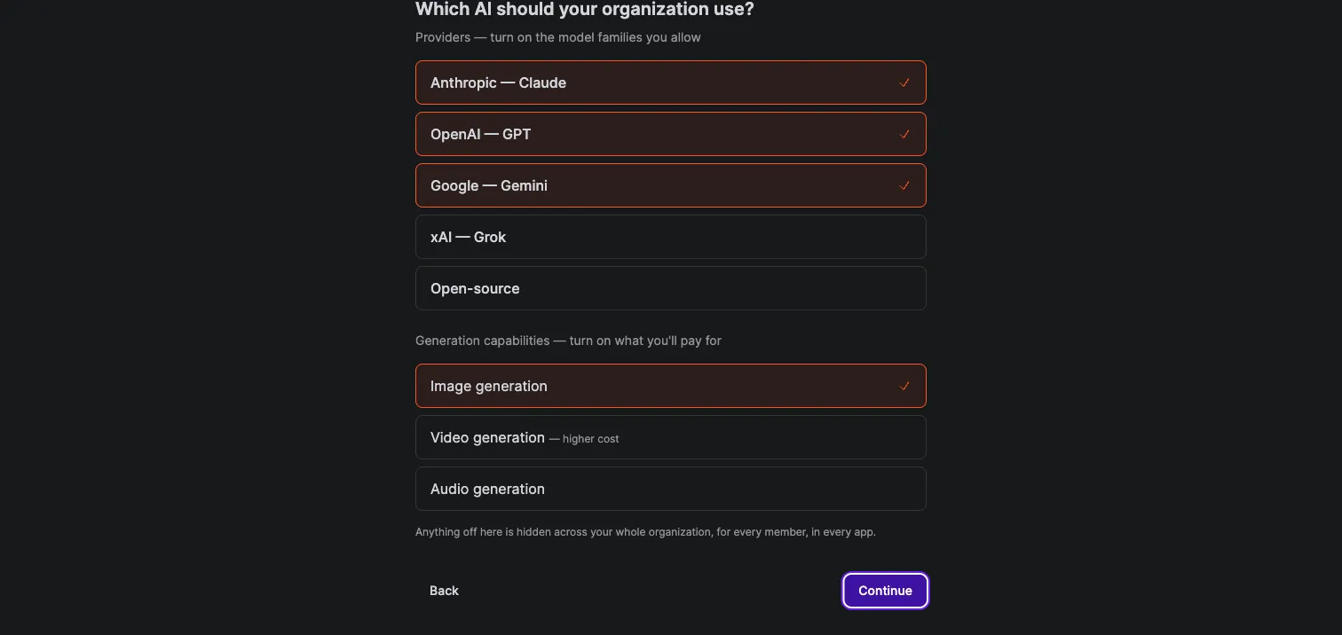 Crewdle setup step choosing the AI providers and generation capabilities the organization allows