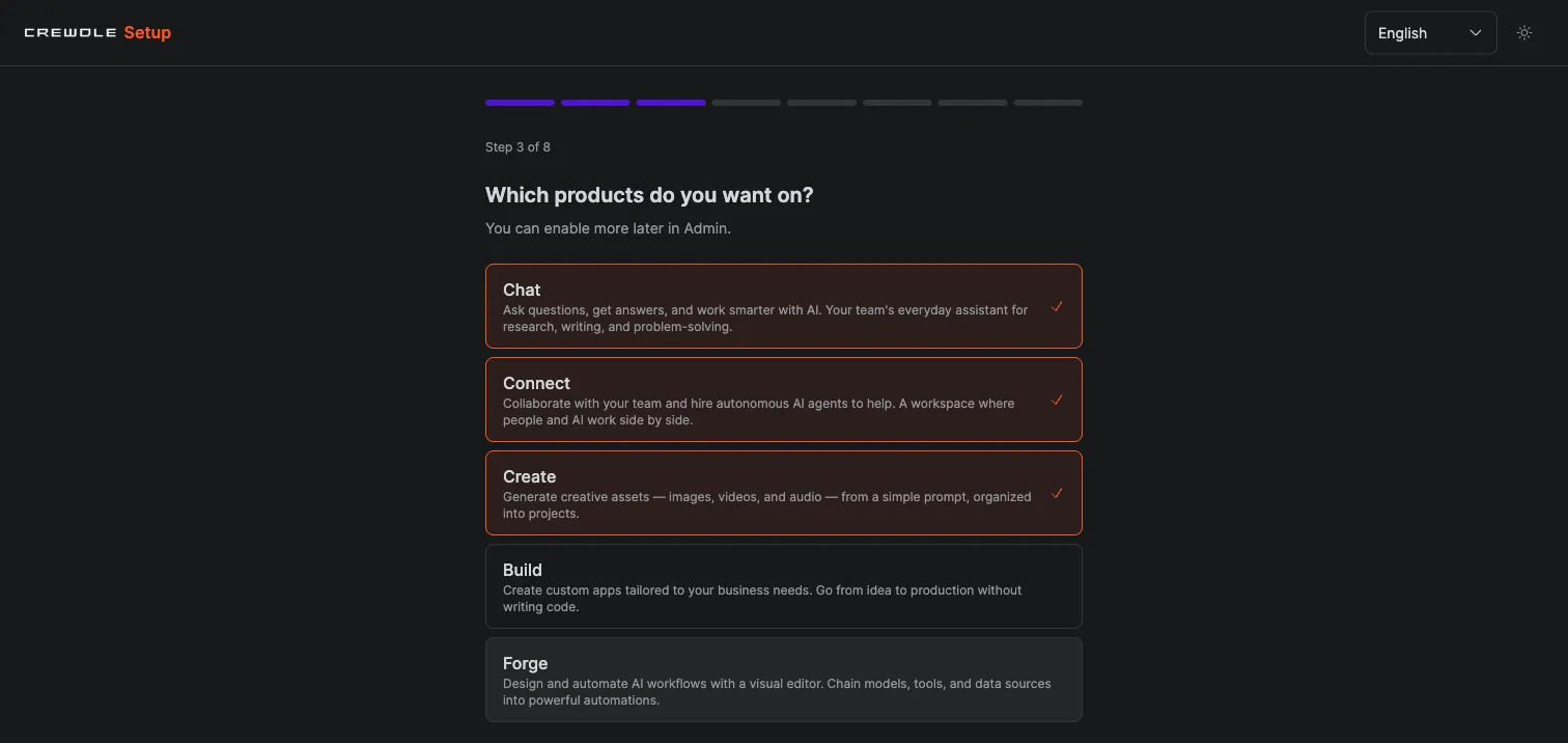 Crewdle setup step asking which products to turn on, with Chat, Connect, and Create selected