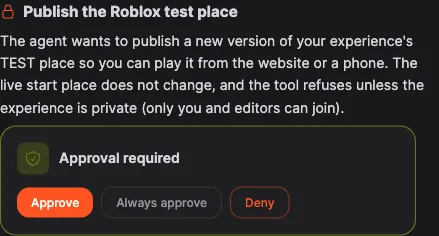 An approval card: Publish the Roblox test place, with Approve, Always approve and Deny