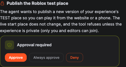 An approval card titled Publish the Roblox test place, explaining that the live start place does not change, with Approve, Always approve and Deny buttons.